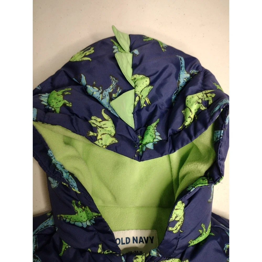 Old Navy Kids Dinosaur Puffer Jacket Water‎ Resistant Hooded Navy Green 18 24M